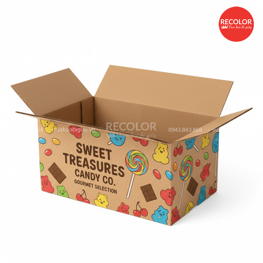 Thùng carton đựng bánh kẹo - TCP116 5 RECOLOR - Nhà máy sản xuất và in ấn thùng carton đựng bánh kẹo uy tín, chuyên nghiệp