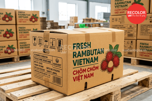 Thùng carton đựng chôm chôm in flexo số lượng lớn